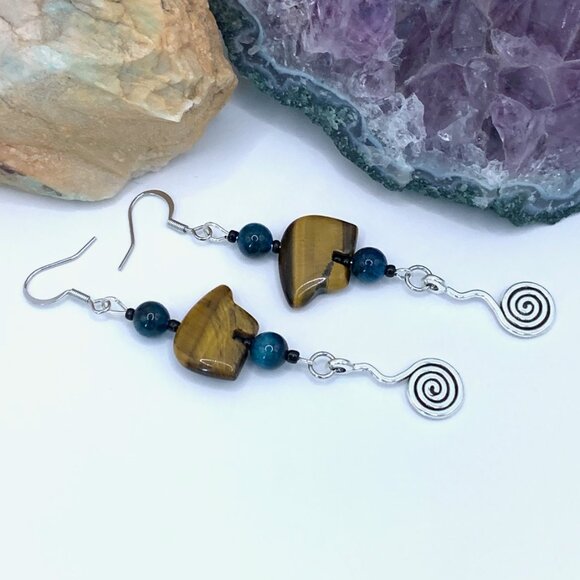 Tiger's Eye Bear Apatite Gemstone Beads Handmade Pierced Earrings LR151 - Picture 1 of 4